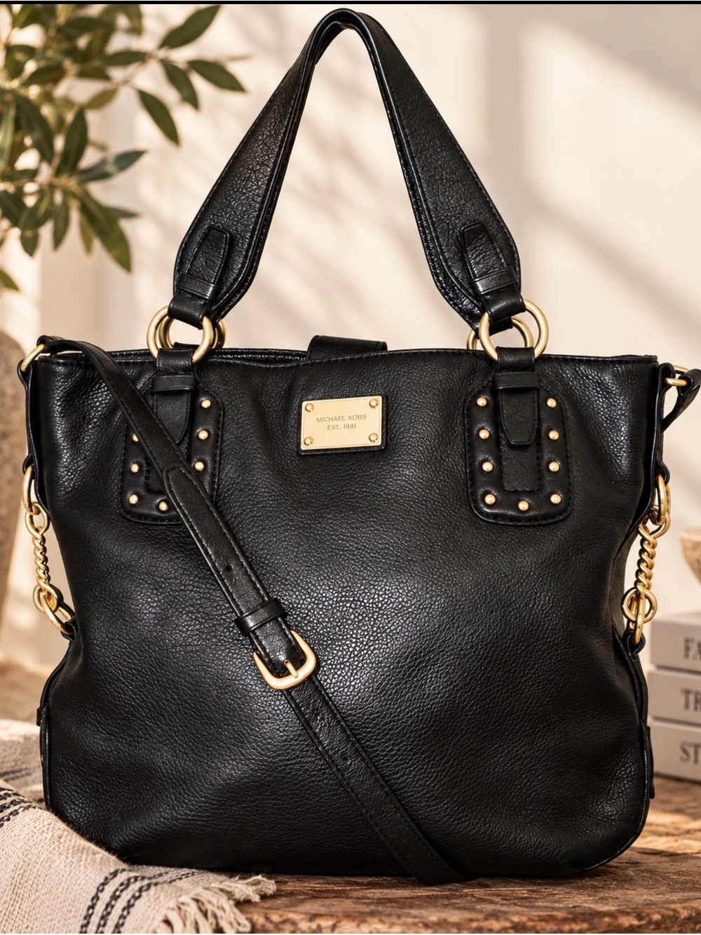 Michael Kors Black Leather Shoulder Bag with Gold Accents